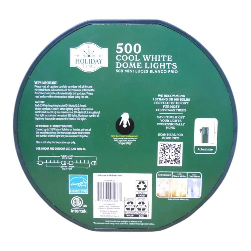 Holiday Time 500-Count Cool White LED Dome Christmas String‎ Lights Green Cord
